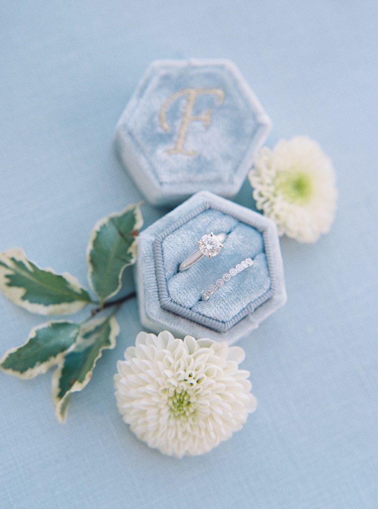 Dusty blue velvet ring box flat lay