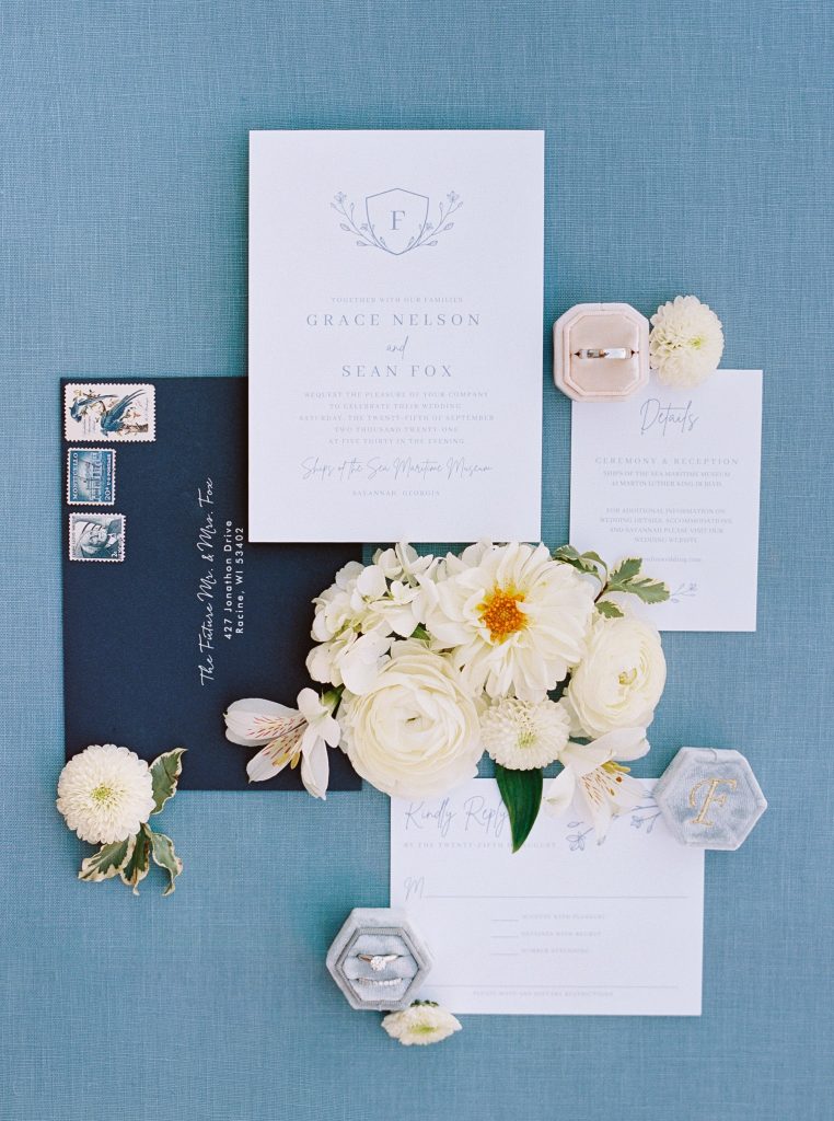 Fine art wedding invitation flatlay