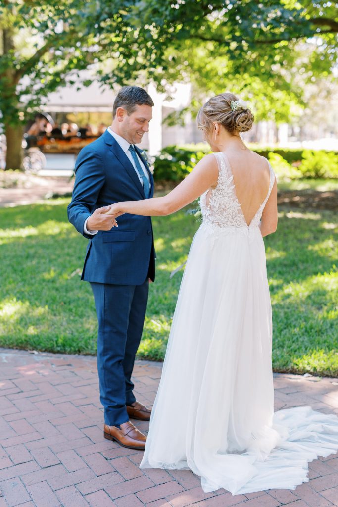 Bride and groom first look in historic Savannah district 