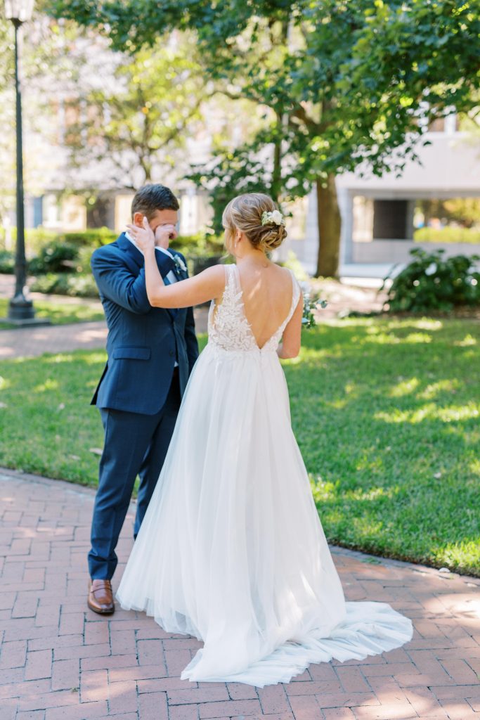 Bride and groom first look in historic Savannah district 
