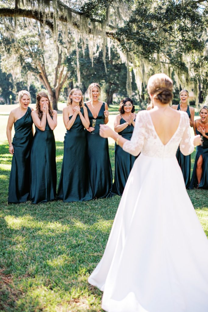 bridesmaids in green satin dresses with Georgia bride