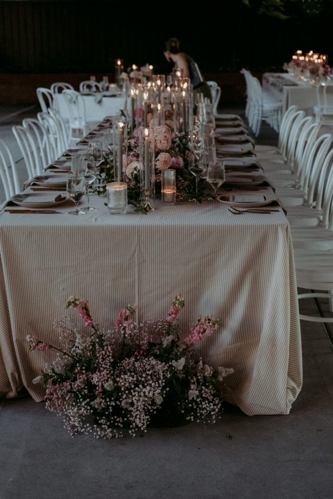 modern pink and white wedding reception decor
