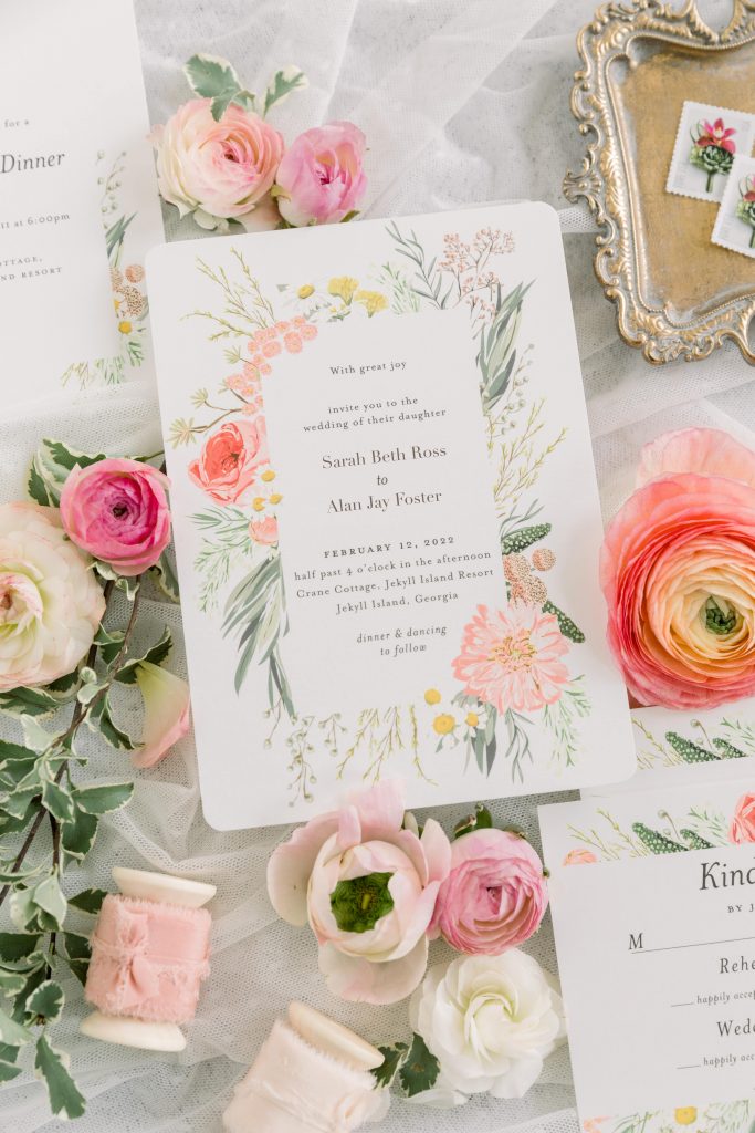 pink wedding invitation flat lay