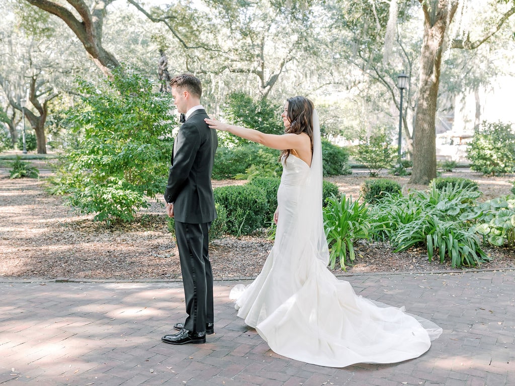 bride and groom first look