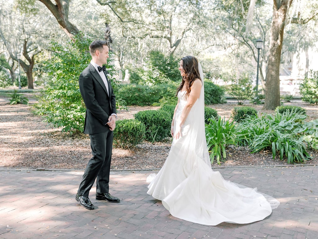 bride and groom first look