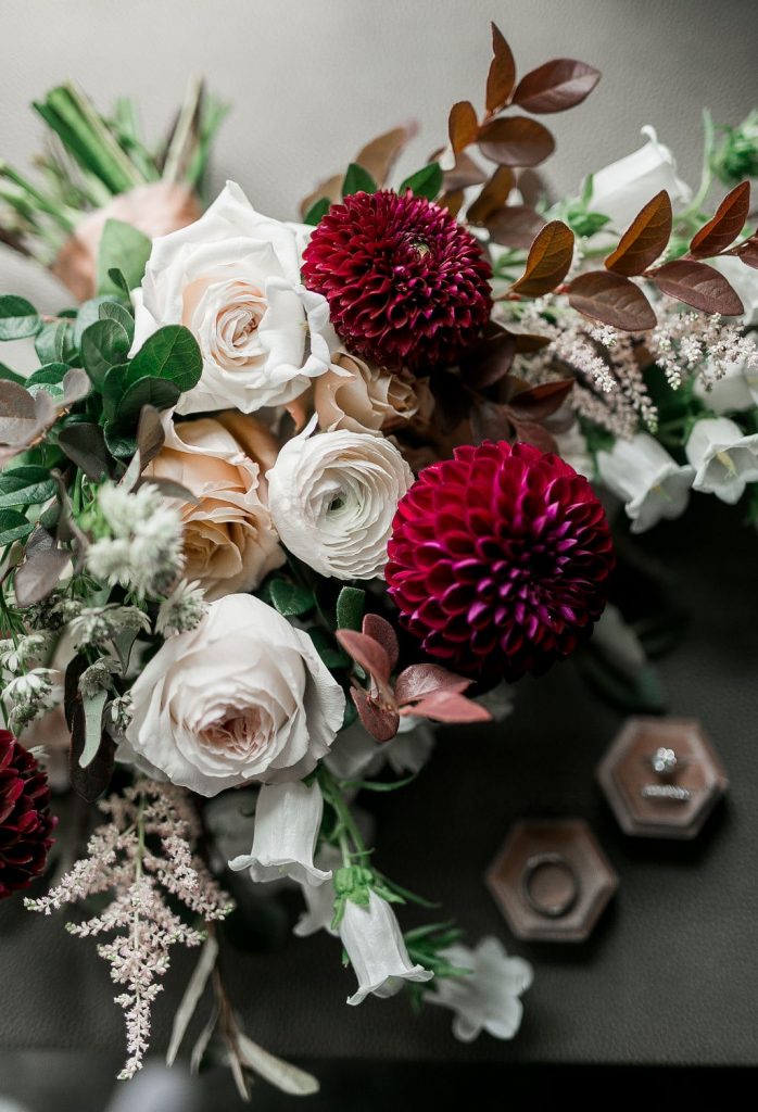 White, pink & burgundy bridal bouquet