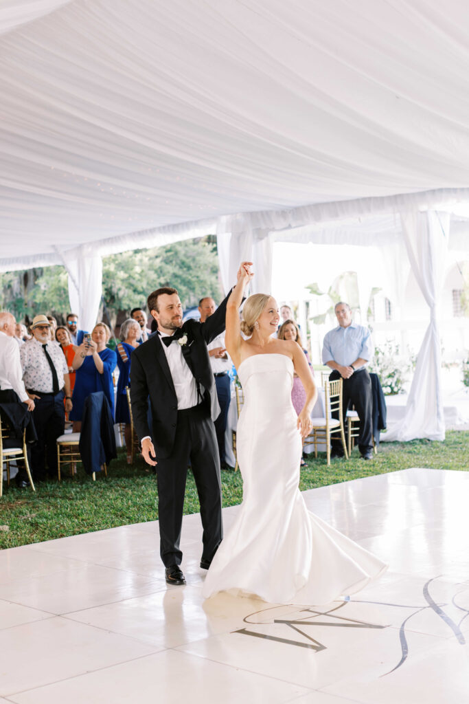 Bride and groom dancing on dance floor