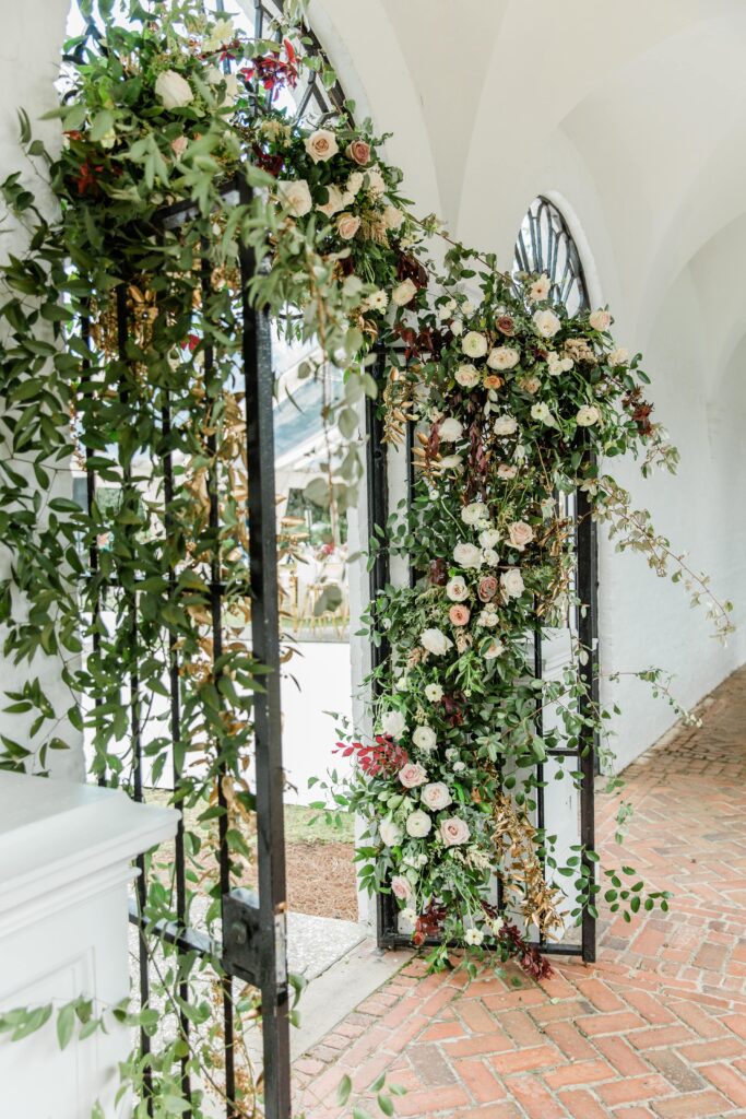 Flowers on metal gate at Jekyll Island Club Resort