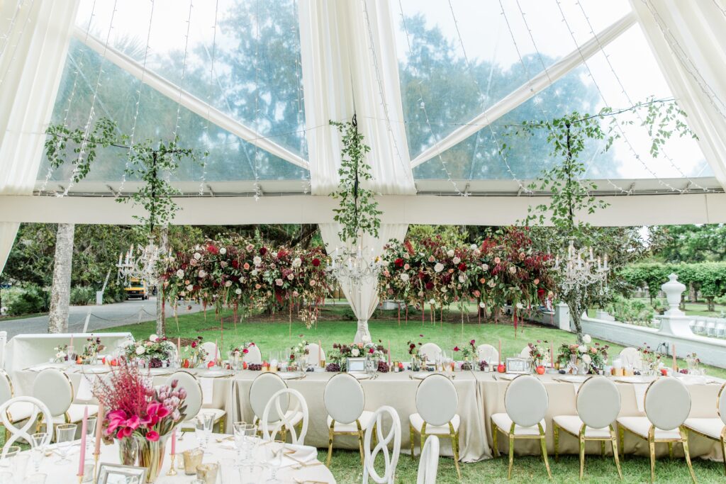 Tented Wedding on Jekyll Island with hanging floral chandelier