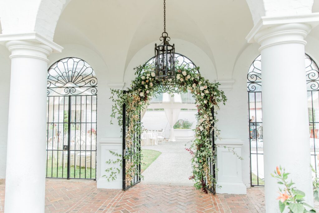 Flowers on metal gate at Jekyll Island Club Resort