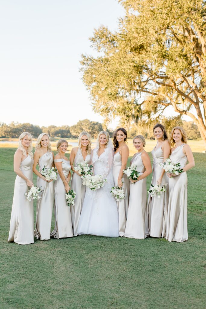 Bridesmaids in champagne silk bridesmaid dresses at Colleton River Club Wedding: