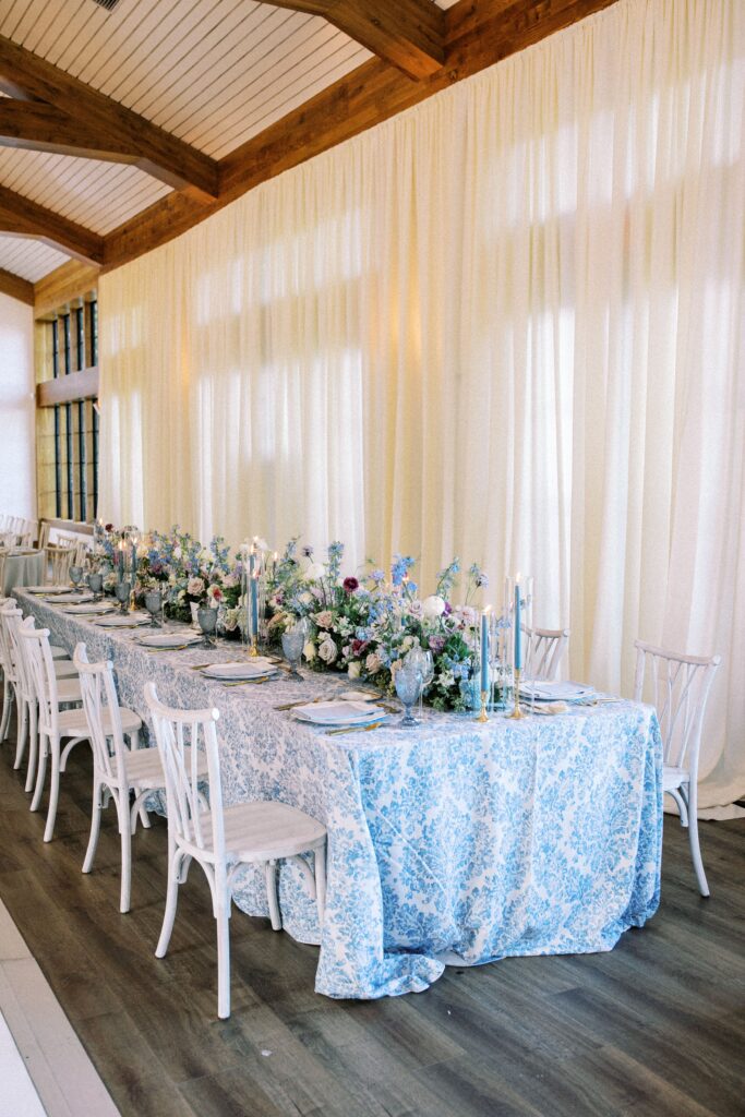 St. Simons Island Wedding reception with blue and white tables
