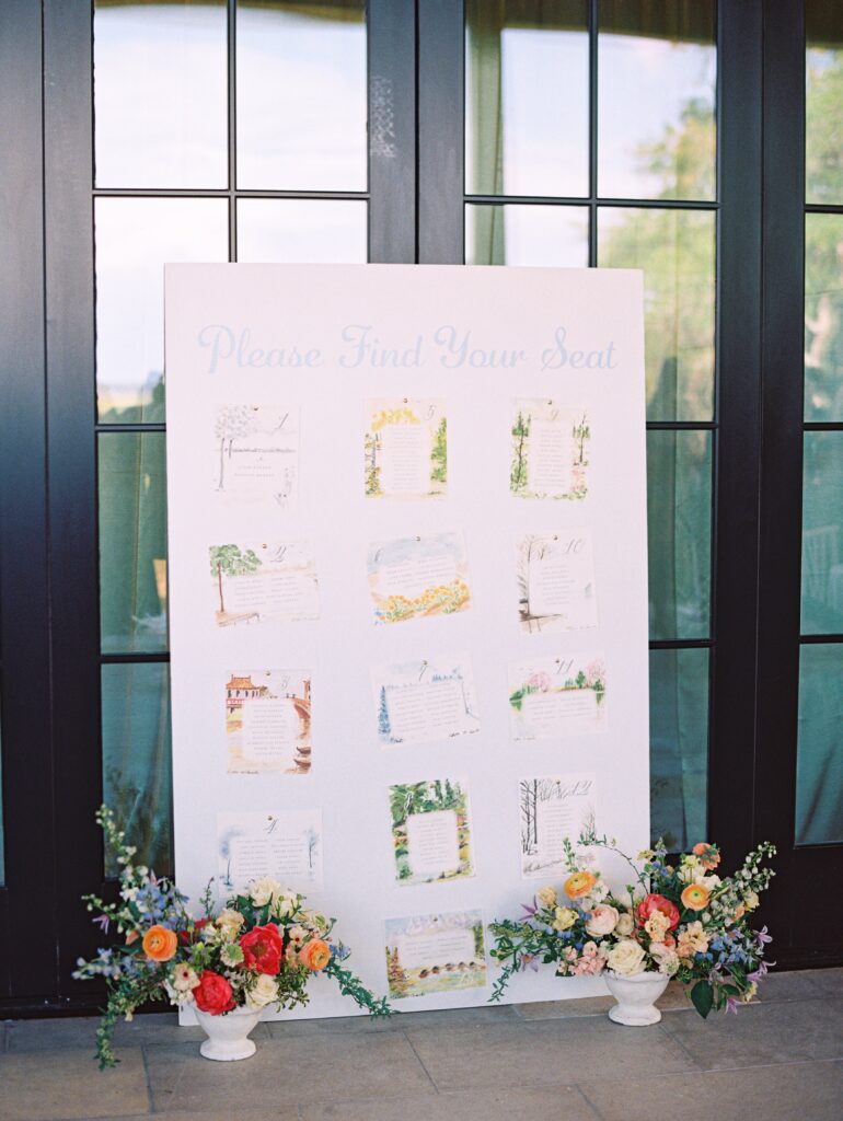 Watercolor wedding seating chart with colorful floral arrangement