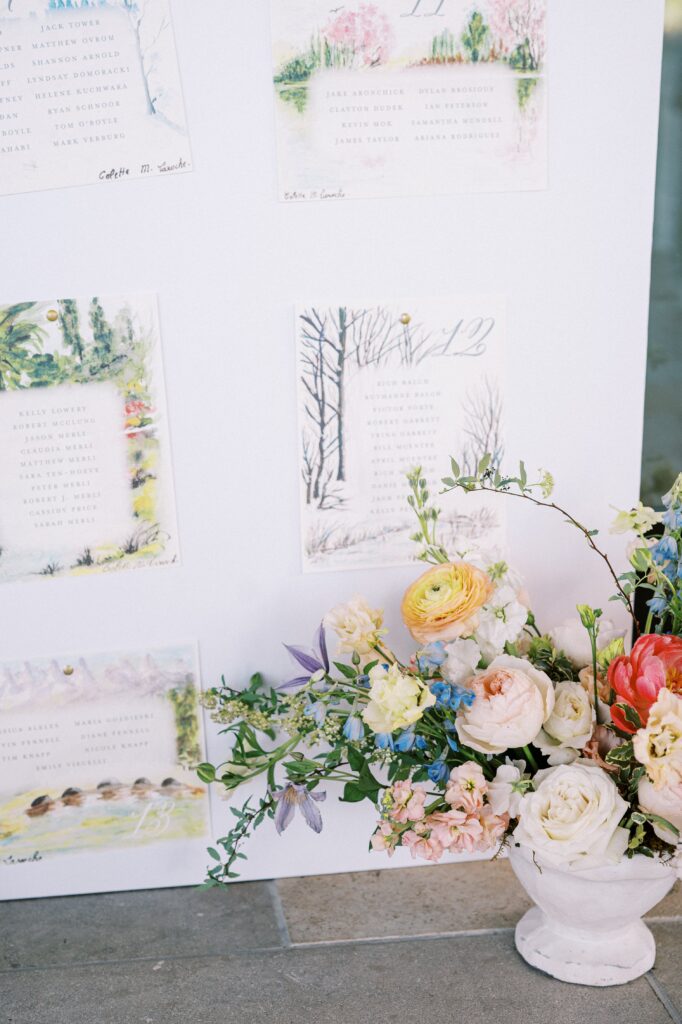 Watercolor wedding seating chart with colorful floral arrangement